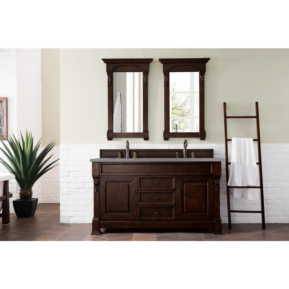 Brookfield 60" Double Vanity, Burnished Mahogany w/ 3 CM Grey Expo Quartz Top. Picture 2