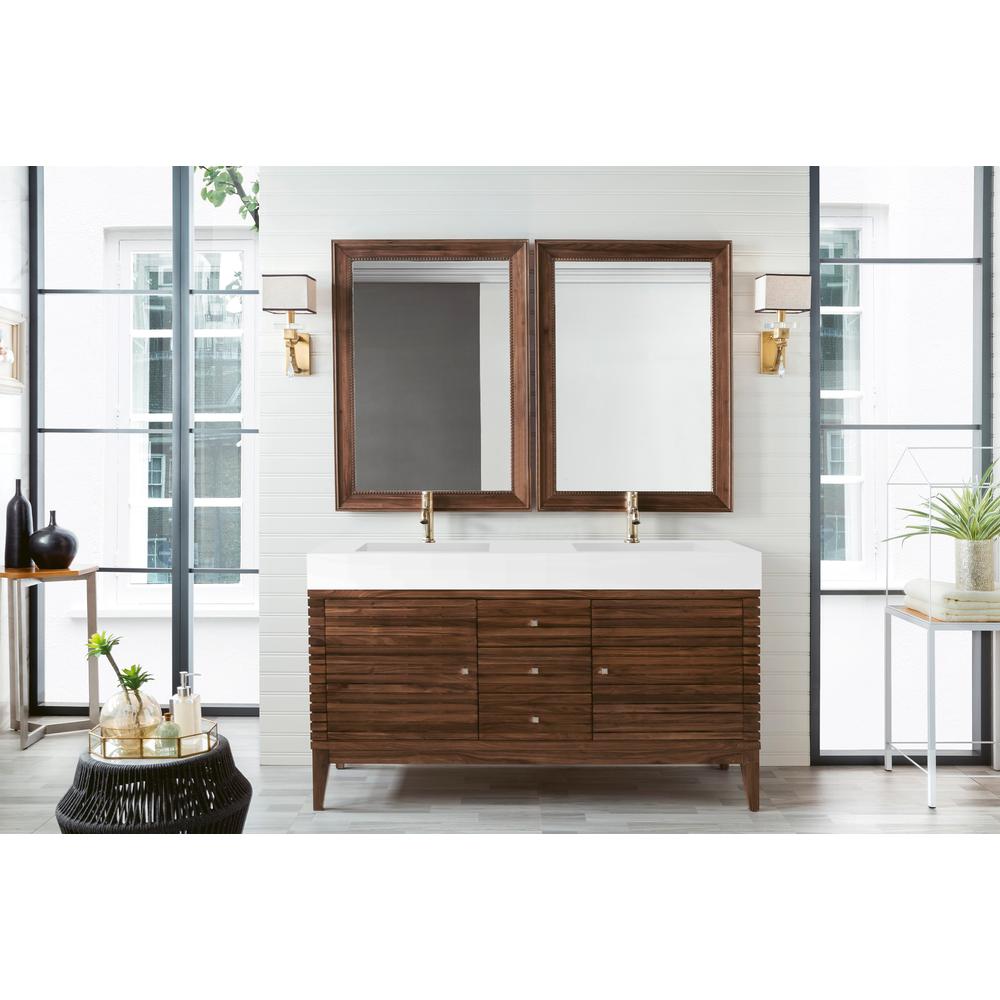 Linear 59" Double Vanity, Mid Century Walnut w/ Glossy White Composite Top. Picture 2