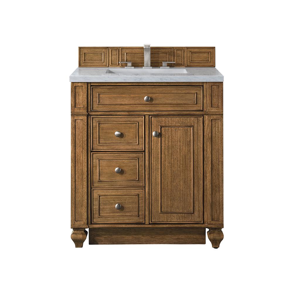Bristol 30" Single Vanity, Saddle Brown, w/ 3 CM Arctic Fall Solid Surface Top. Picture 1