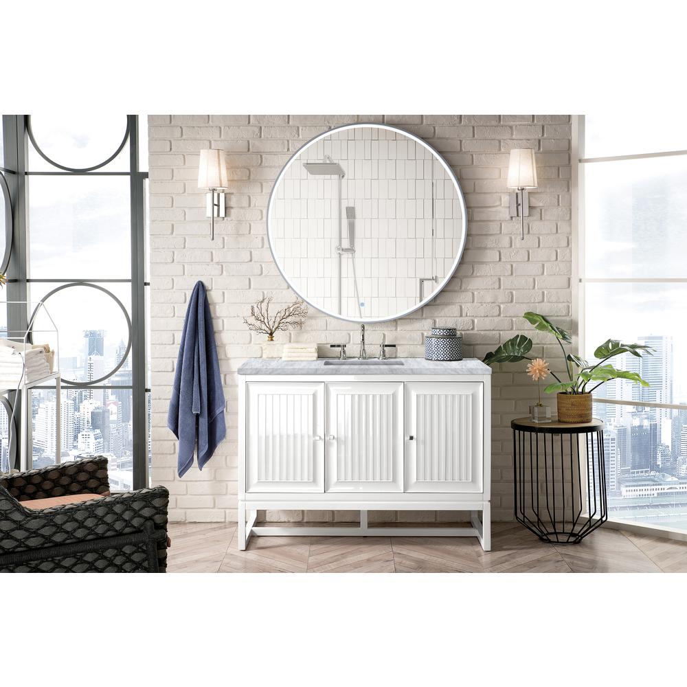 Athens 48" Single Vanity Cabinet, Glossy White, w/ 3 CM Carrara White Top. Picture 3