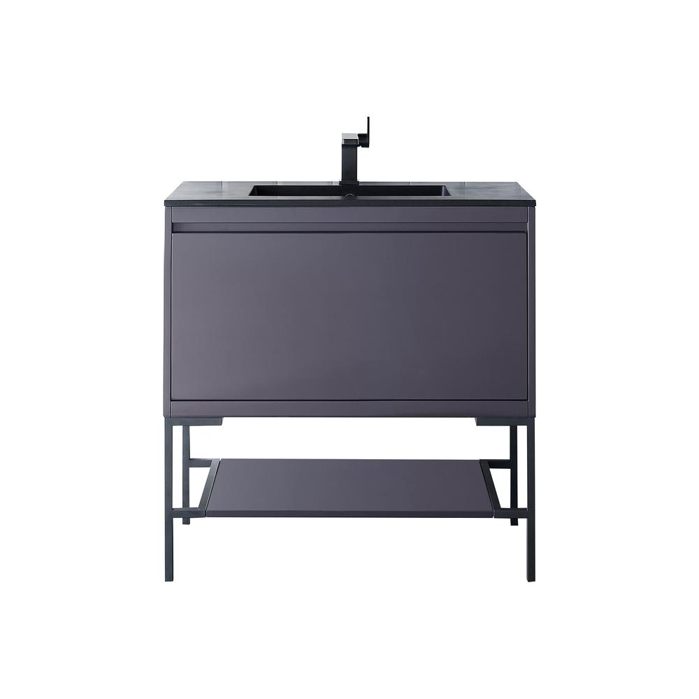 35.4" Single Vanity Cabinet, Modern Grey Glossy, Matte Black Composite Top. Picture 1