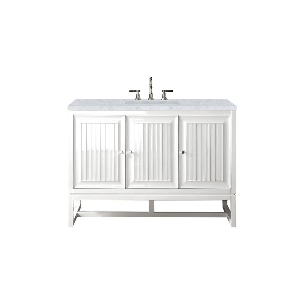 Athens 48" Single Vanity Cabinet, Glossy White, w/ 3 CM Carrara White Top. Picture 1