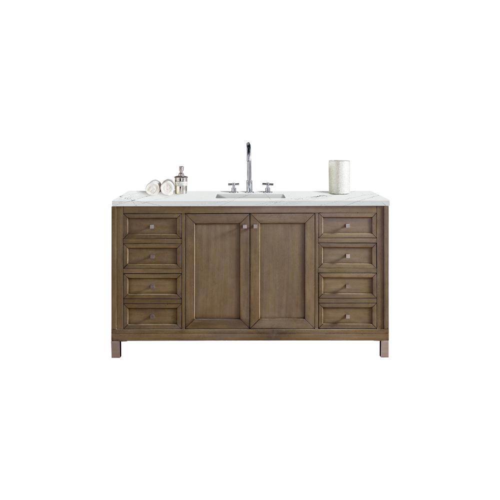 Chicago 60" Single Vanity, Whitewashed Walnut w/ 3 CM Ethereal Noctis Quartz Top. Picture 1