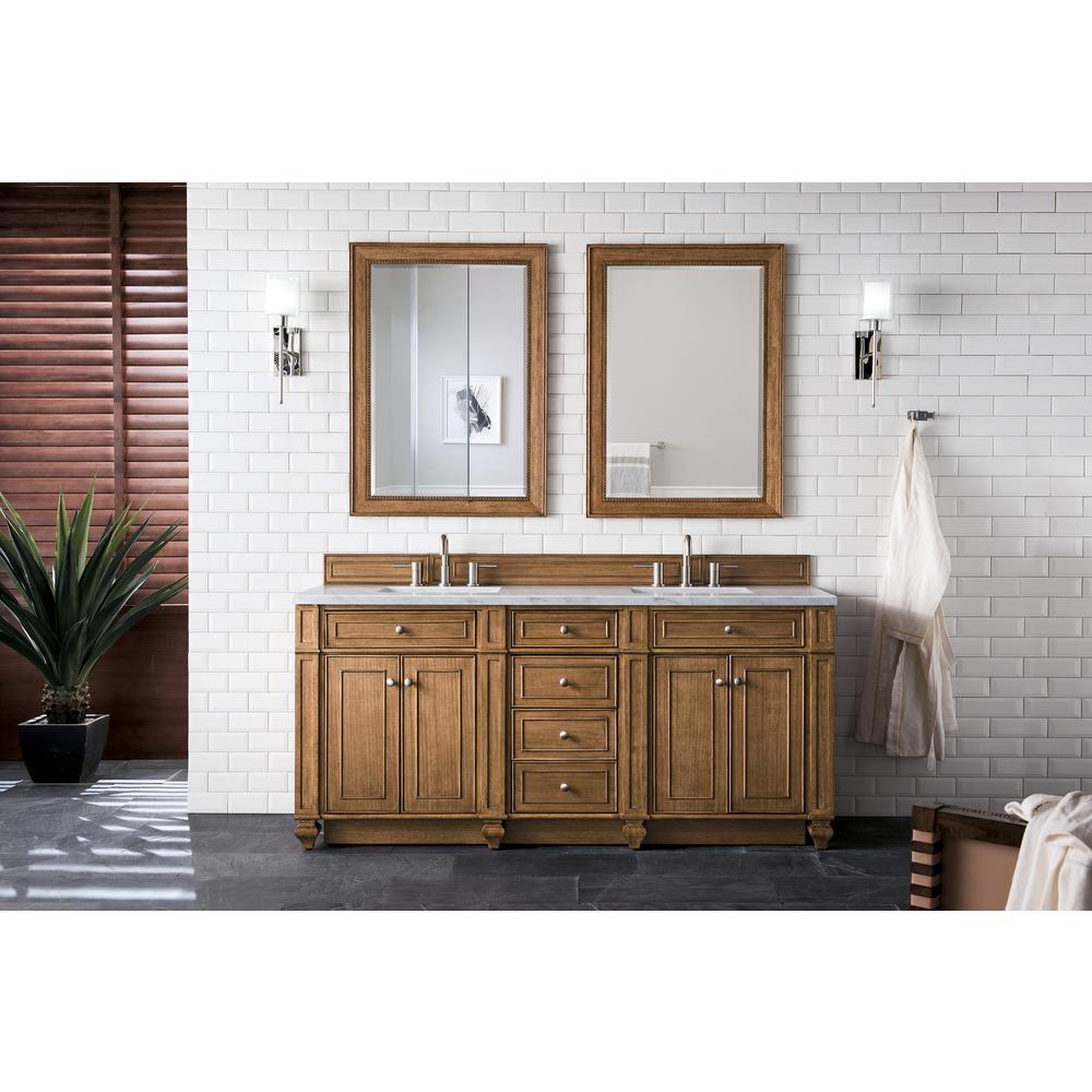 Bristol 72" Double Vanity, Saddle Brown, w/ 3 CM Arctic Fall Solid Surface Top. Picture 2
