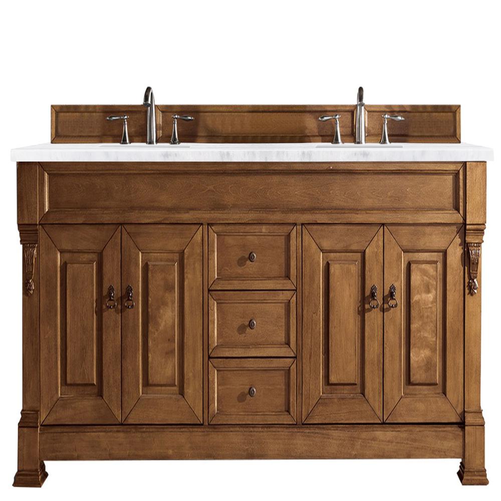 Brookfield 72" Double Vanity, Country Oak w/ 3 CM Arctic Fall Solid Surface Top. Picture 1