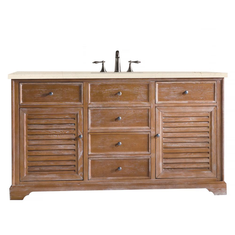 Savannah 60" Single Vanity Cabinet, Driftwood, w/ 3 CM Eternal Marfil Quartz Top. Picture 1