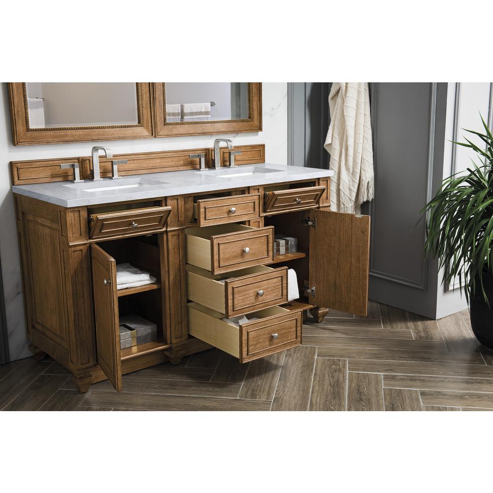 Bristol 60" Double Vanity, Saddle Brown, w/ 3 CM Arctic Fall Solid Surface Top. Picture 4