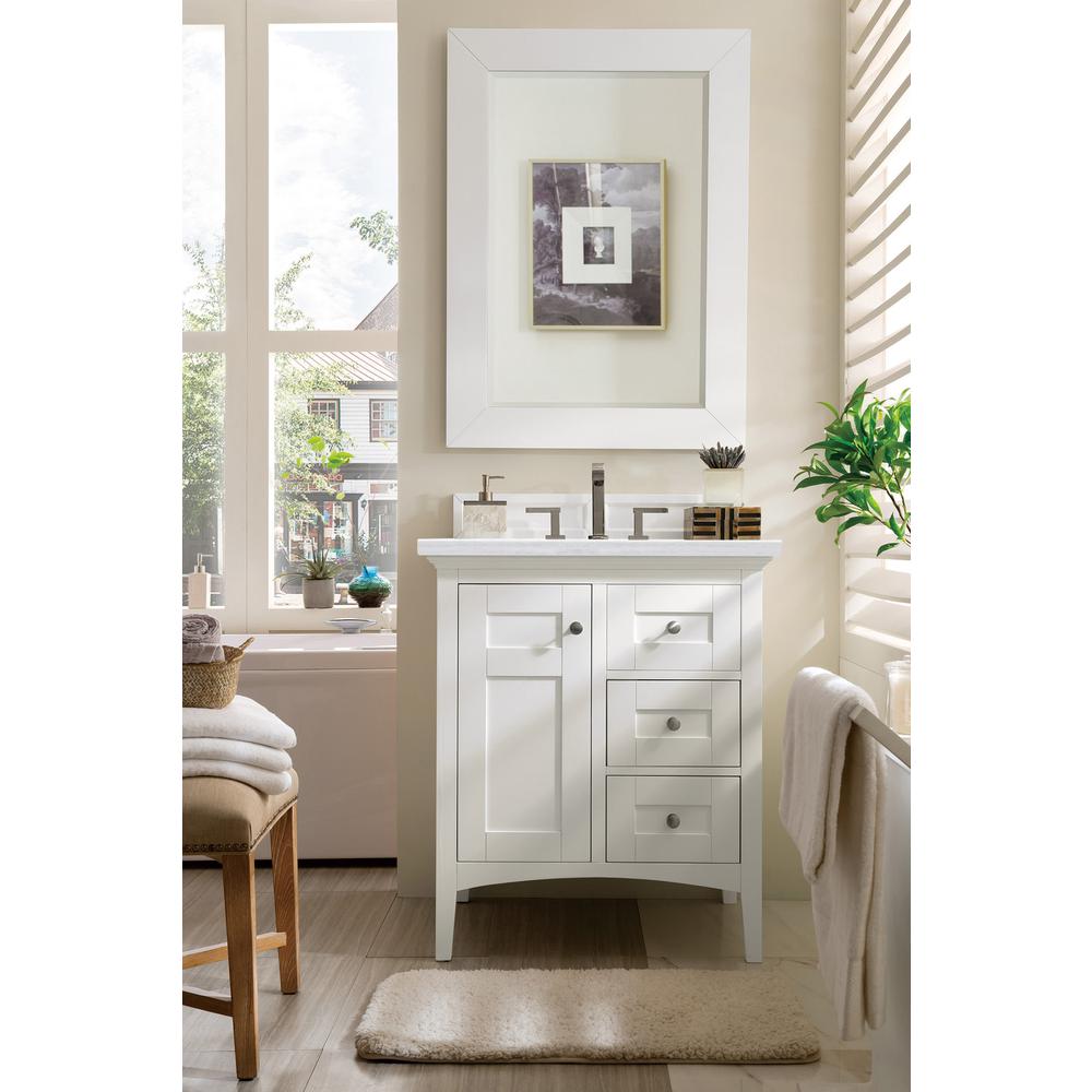 Palisades 30" Single Vanity, Bright White w/ 3 CM Arctic Fall Solid Surface Top. Picture 2