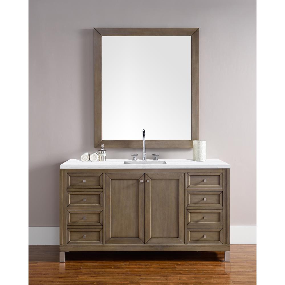 60" Single Vanity, Whitewashed Walnut w/ 3 CM Arctic Fall Solid Surface Top. Picture 2
