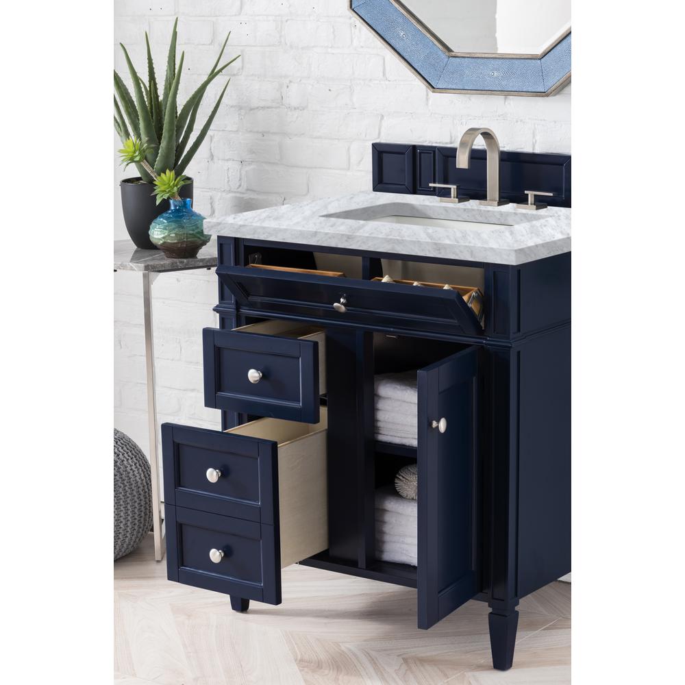 Brittany 30" Single Vanity, Victory Blue w/ 3 CM Carrara Marble Top. Picture 4