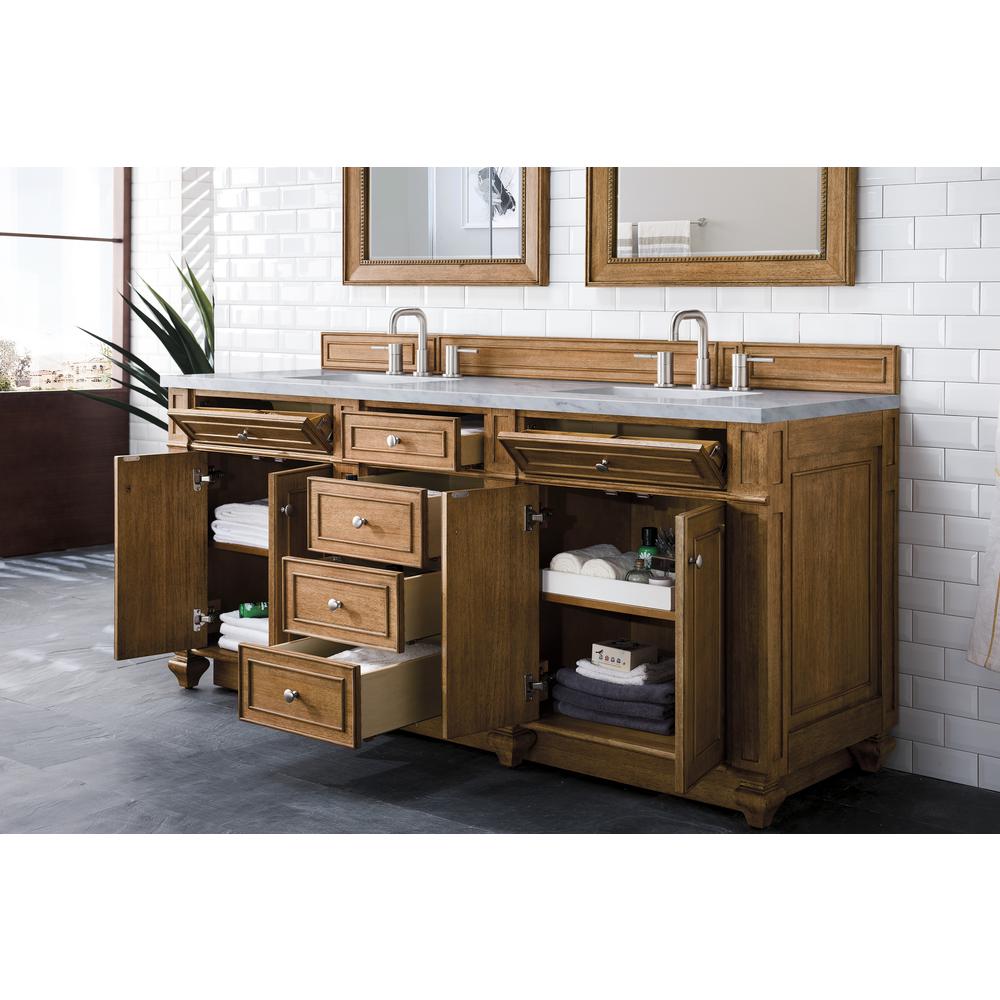 Bristol 72" Double Vanity, Saddle Brown, w/ 3 CM Arctic Fall Solid Surface Top. Picture 4