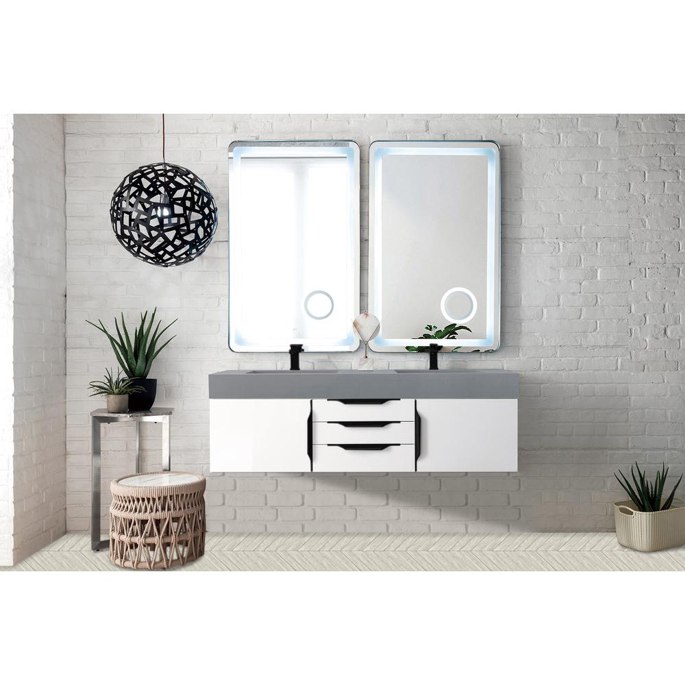 59" Double Vanity, Glossy White, Matte Black w/ Dusk Grey Glossy Composite Top. Picture 2