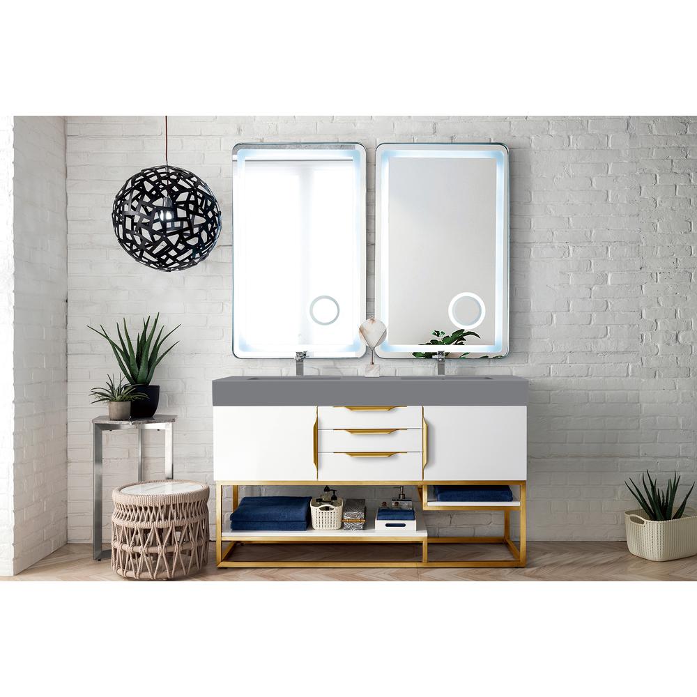 59" Double Vanity, Glossy White, Radiant Gold w/ Dusk Grey Glossy Composite Top. Picture 2
