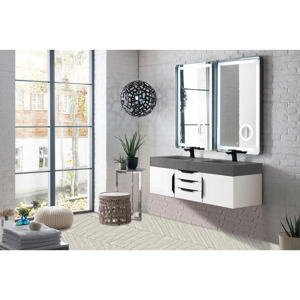 59" Double Vanity, Glossy White, Matte Black w/ Dusk Grey Glossy Composite Top. Picture 3