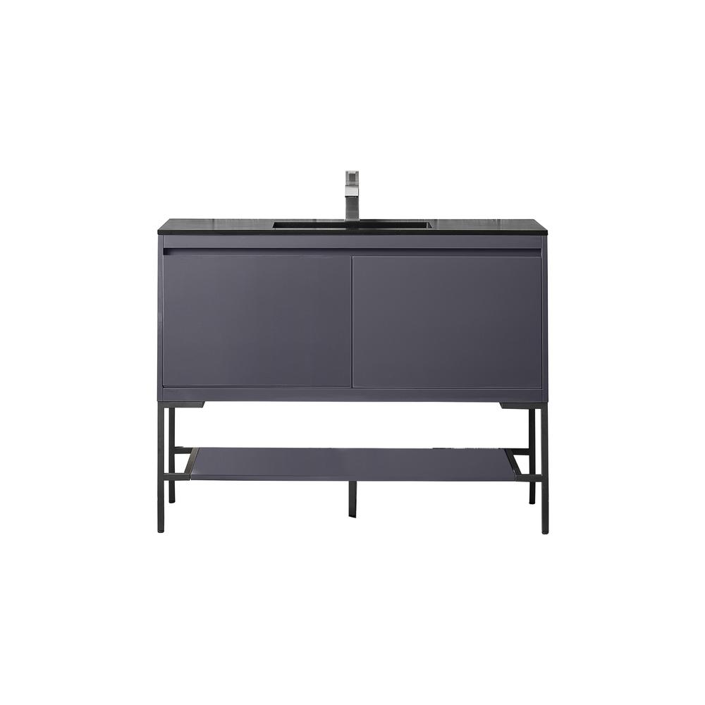 47.3" Single Vanity Cabinet, Modern Grey Glossy, Matte Black Composite Top. Picture 1