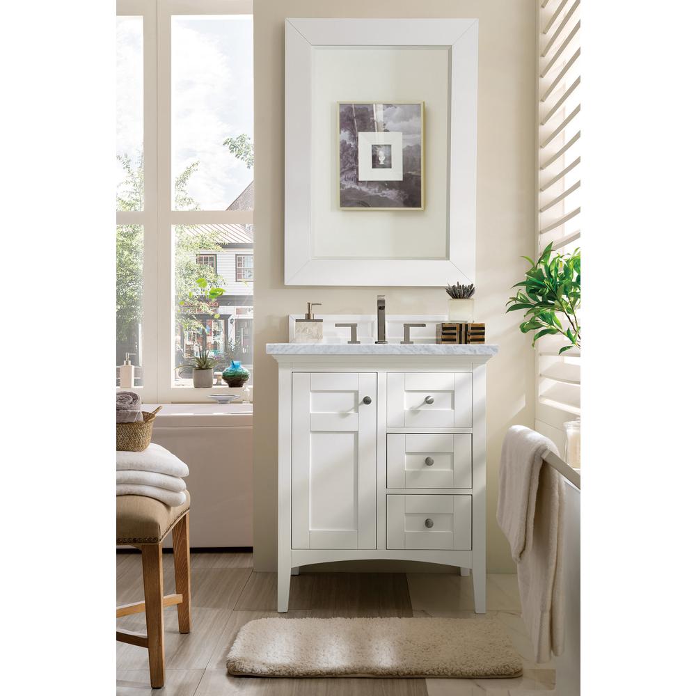 Palisades 30" Single Vanity, Bright White w/ 3 CM Carrara Marble Top. Picture 2