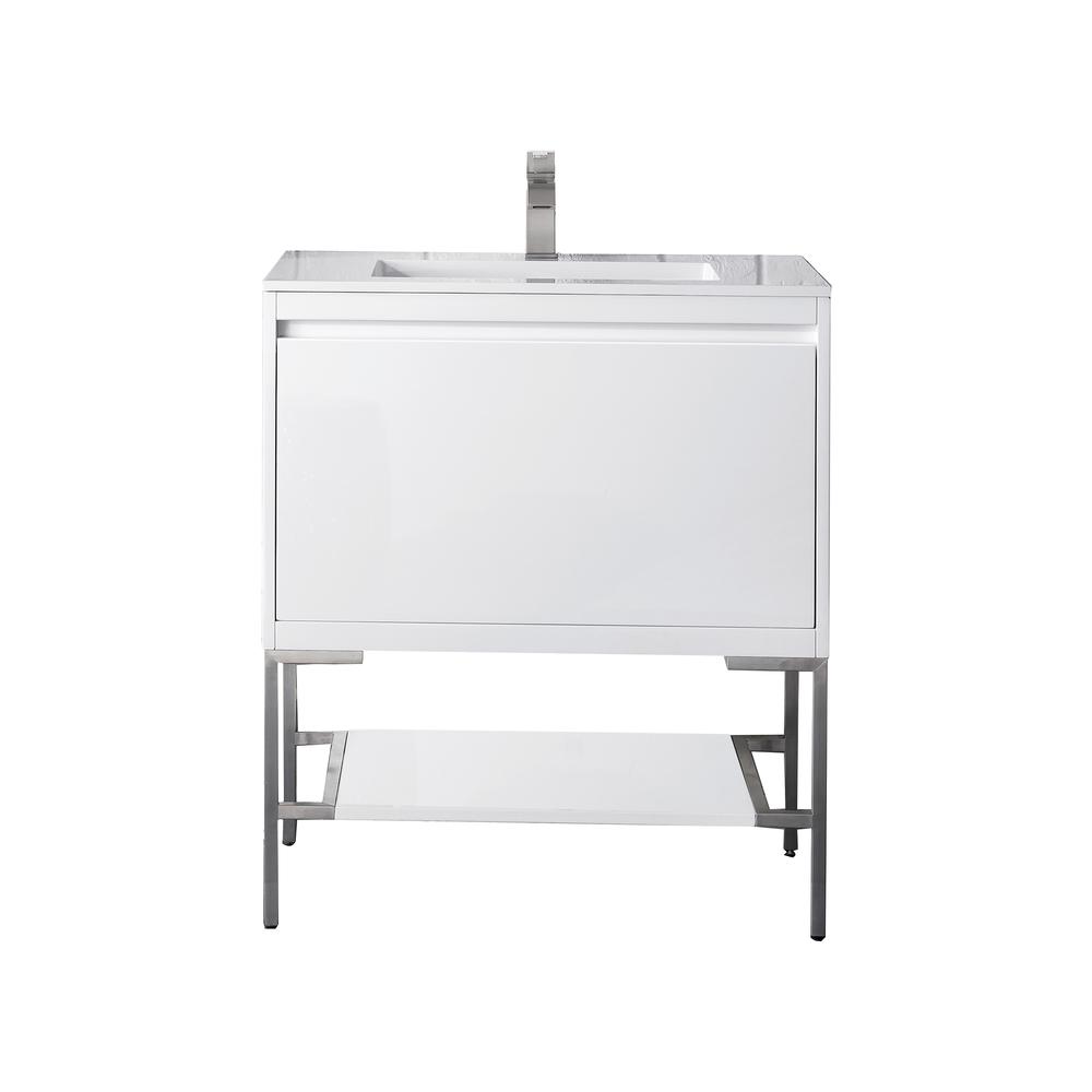 31.5" Single Vanity Cabinet, Glossy White, Brushed Nickel Composite Top. Picture 1