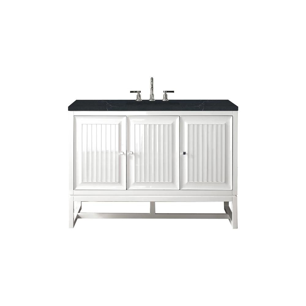 48" Single Vanity Cabinet, Glossy White, w/ 3 CM Charcoal Soapstone Quartz Top. Picture 1