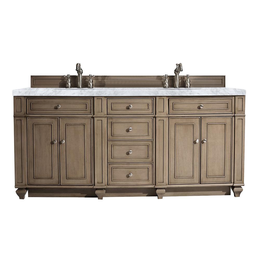 Bristol 72" Double Vanity, Whitewashed Walnut, w/ 3 CM Carrara Marble Top. Picture 1