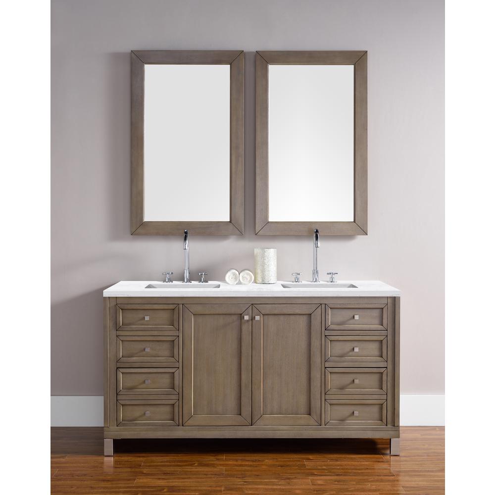 60" Double Vanity, Whitewashed Walnut w/ 3 CM Arctic Fall Solid Surface Top. Picture 2