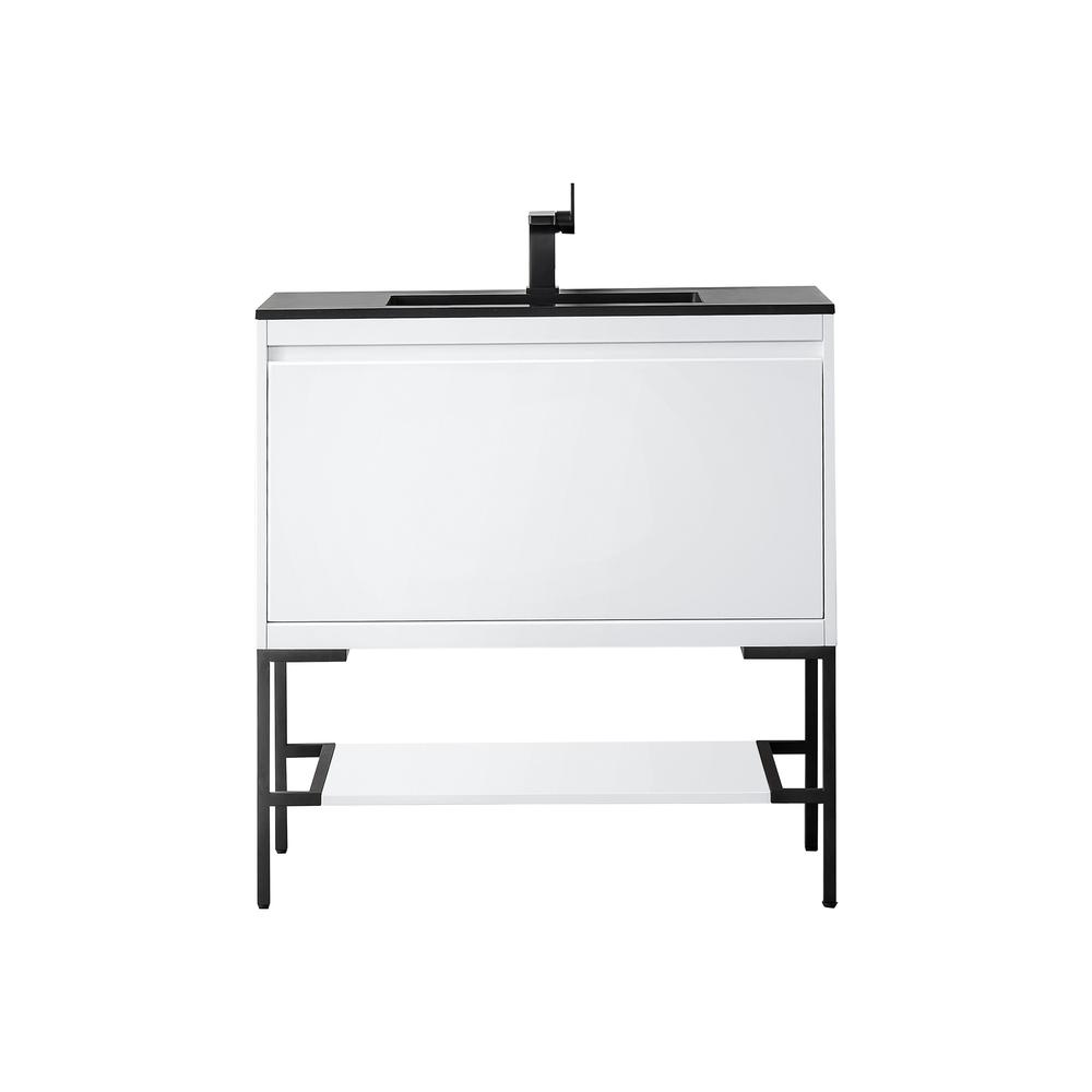 35.4" Single Vanity Cabinet, Glossy White, Matte Black Composite Top. Picture 1