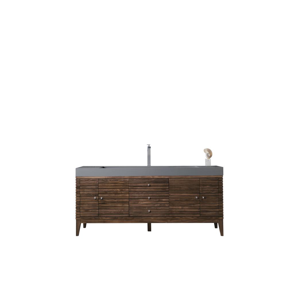 Linear 72" Single Vanity, Mid Century Walnut w/ Dusk Grey Glossy Composite Top. Picture 1