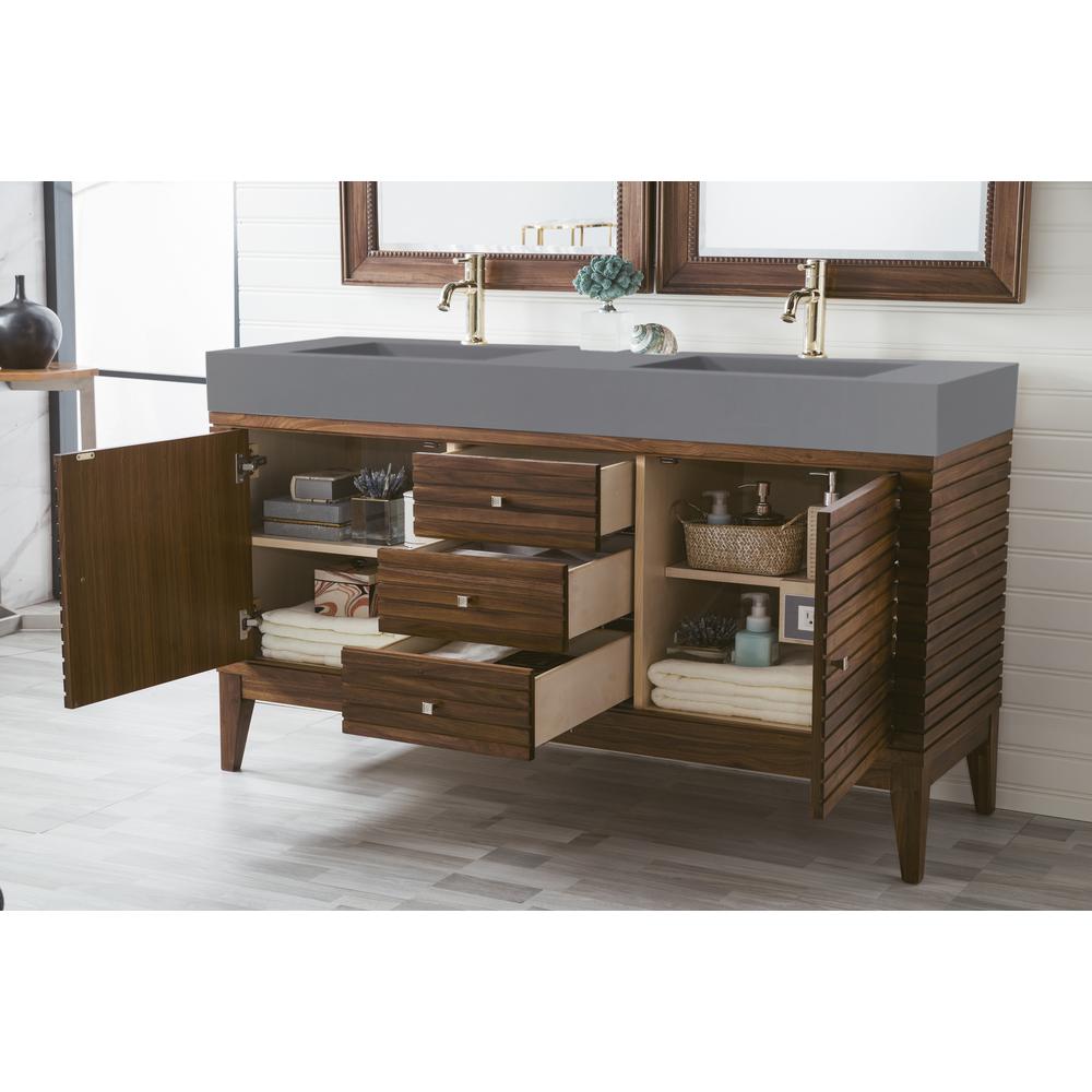Linear 59" Double Vanity, Mid Century Walnut w/ Dusk Grey Glossy Composite Top. Picture 4