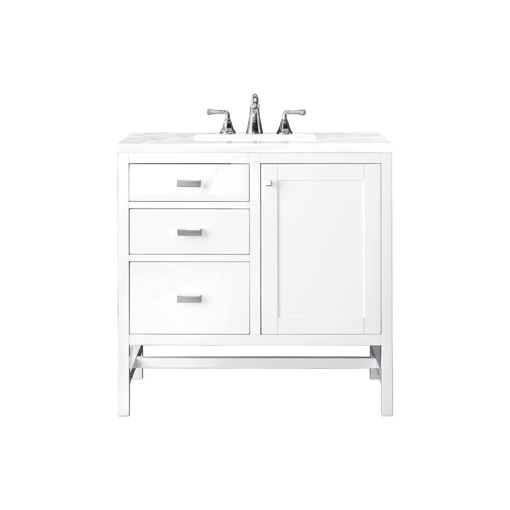 36" Single Vanity Cabinet, Glossy White, w/ Solid Surface Countertop. Picture 1