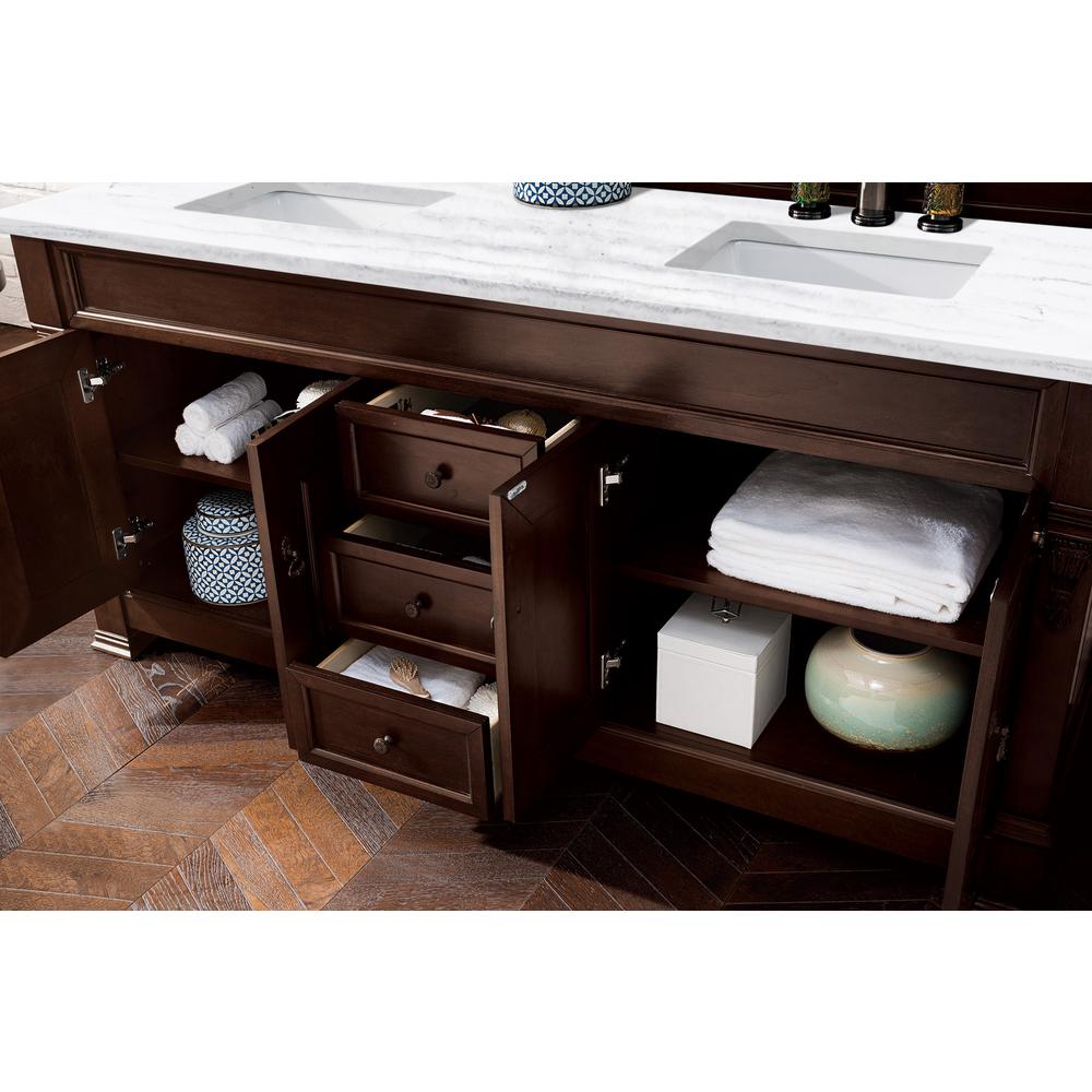 72" Double Vanity, Burnished Mahogany w/ 3 CM Arctic Fall Solid Surface Top. Picture 4