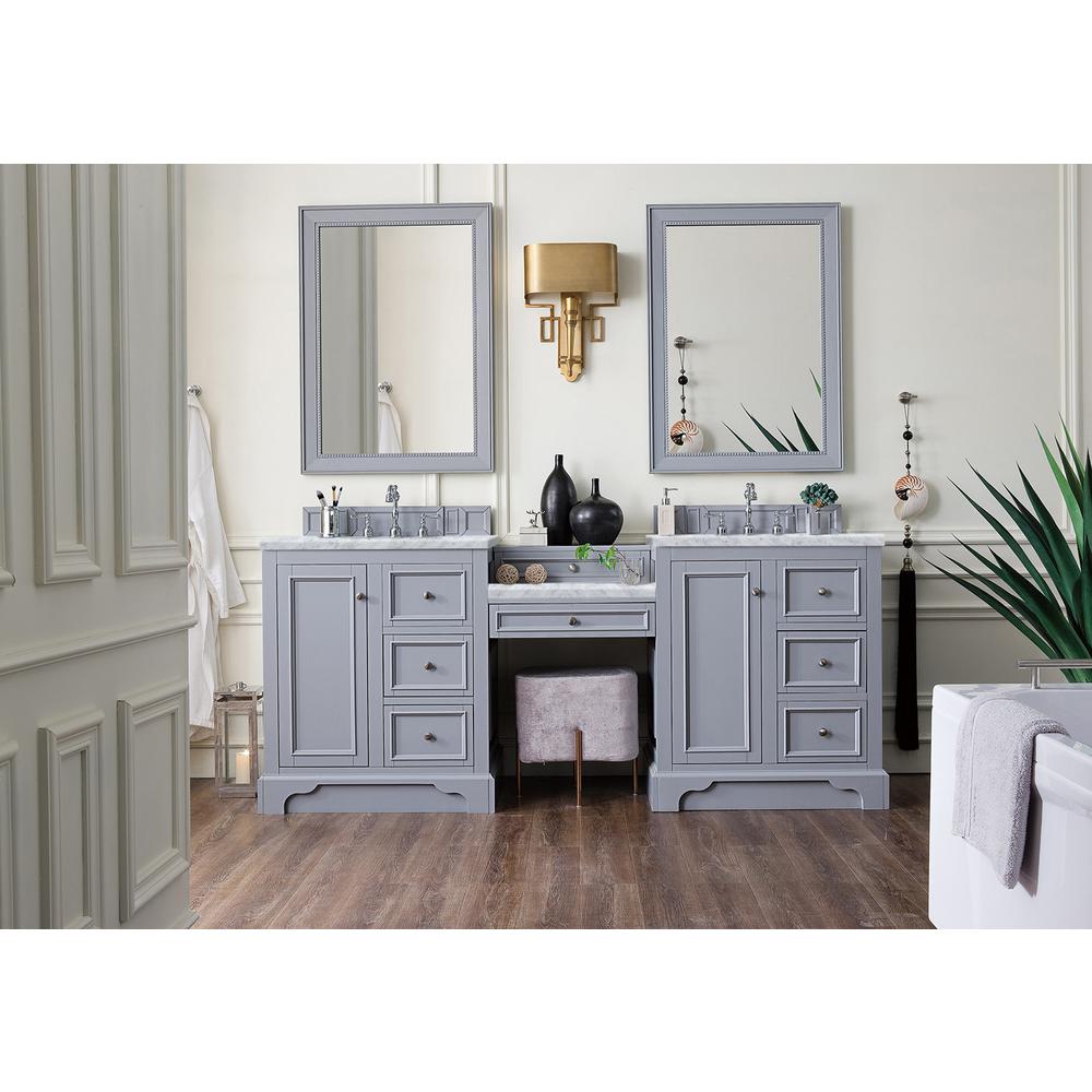 82" Double Vanity Set, Silver Gray w/ Makeup Table, 3 CM Carrara Marble Top. Picture 2