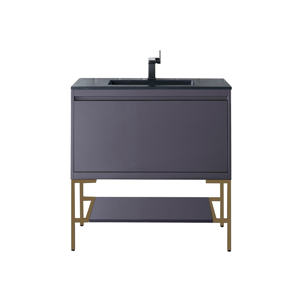 35.4" Single Vanity Cabinet, Modern Grey Glossy, Radiant Gold Composite Top. Picture 1