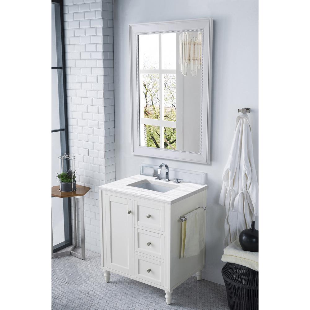 30" Single Vanity, Bright White w/ 3 CM Arctic Fall Solid Surface Top. Picture 2