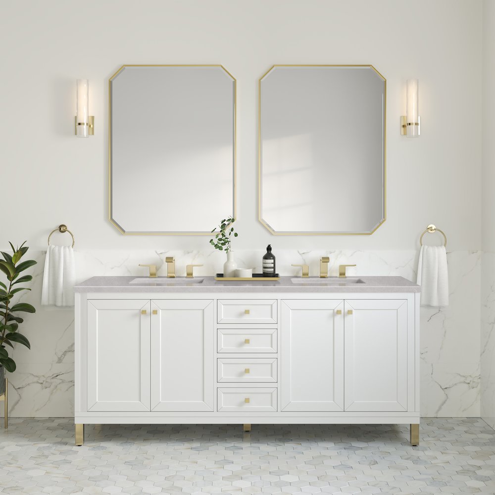 72" Double Vanity, Glossy White w/ 3 CM Eternal Serena Top. Picture 2