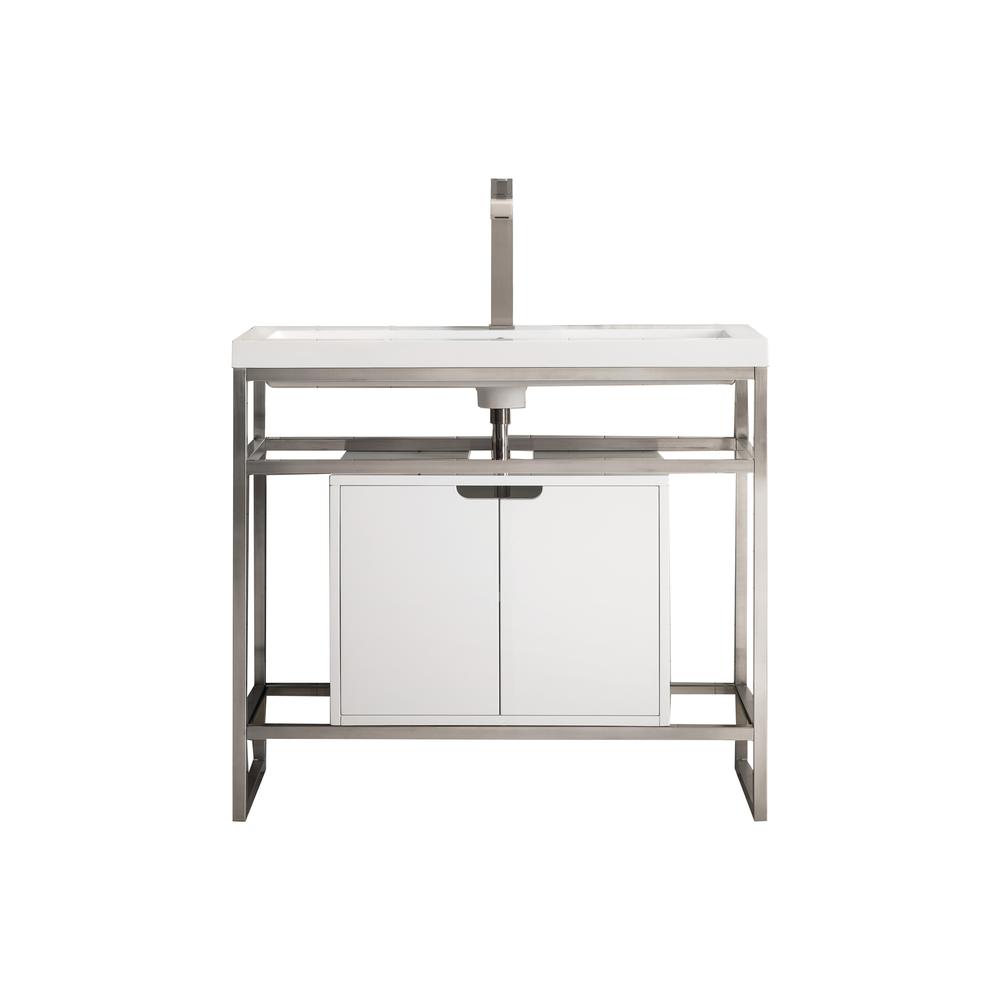 39.5" Stainless Steel Sink Console, White Storage Cabinet, White Countertop. Picture 1