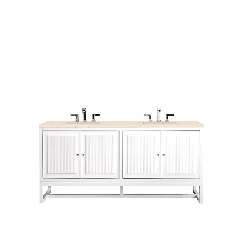 Athens 72" Double Vanity Cabinet, Glossy White, w/ 3 CM Eternal Marfil Top. Picture 1