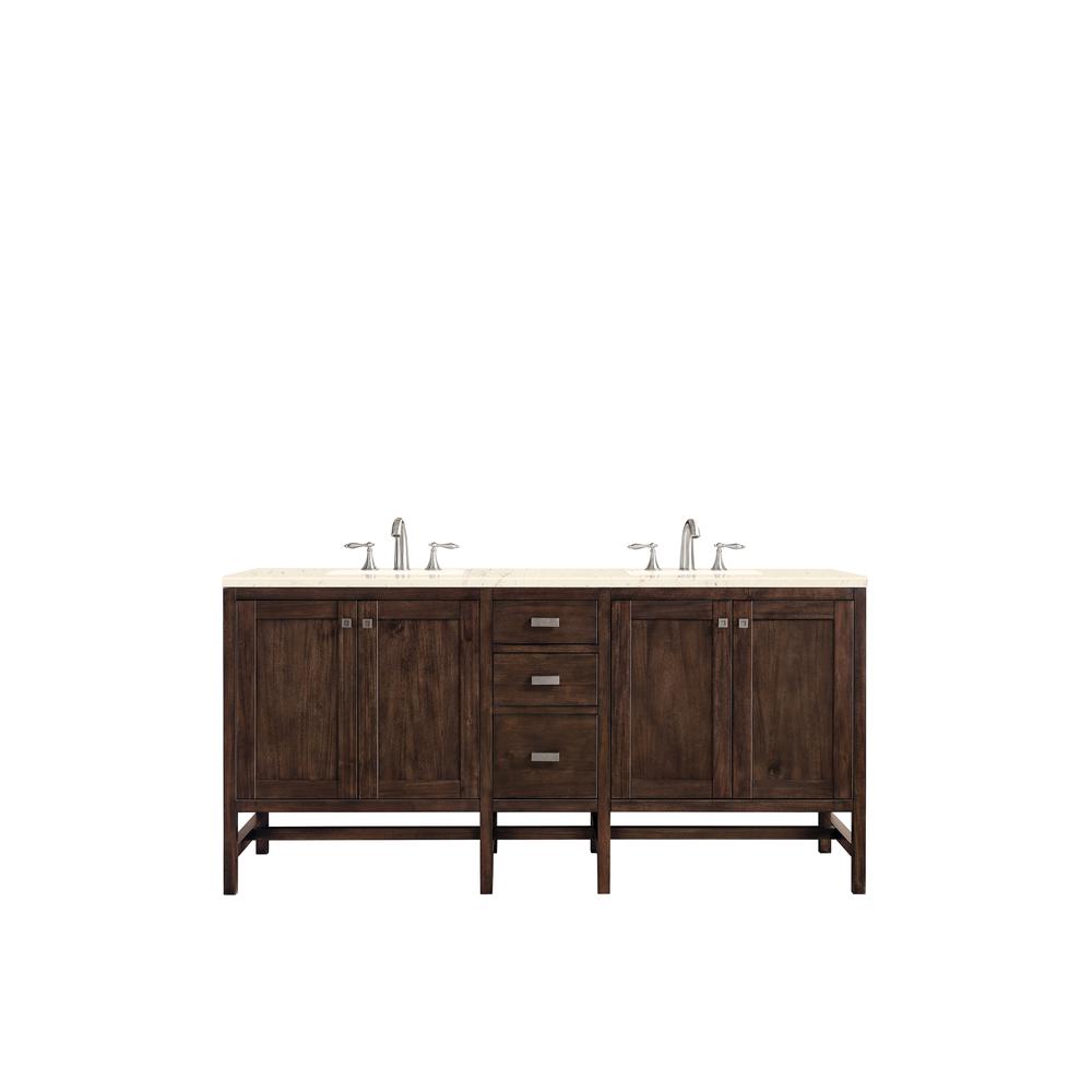 72" Double Vanity Cabinet, Mid Century Acacia, w/ 3 CM Eternal Marfil Quartz Top. Picture 1