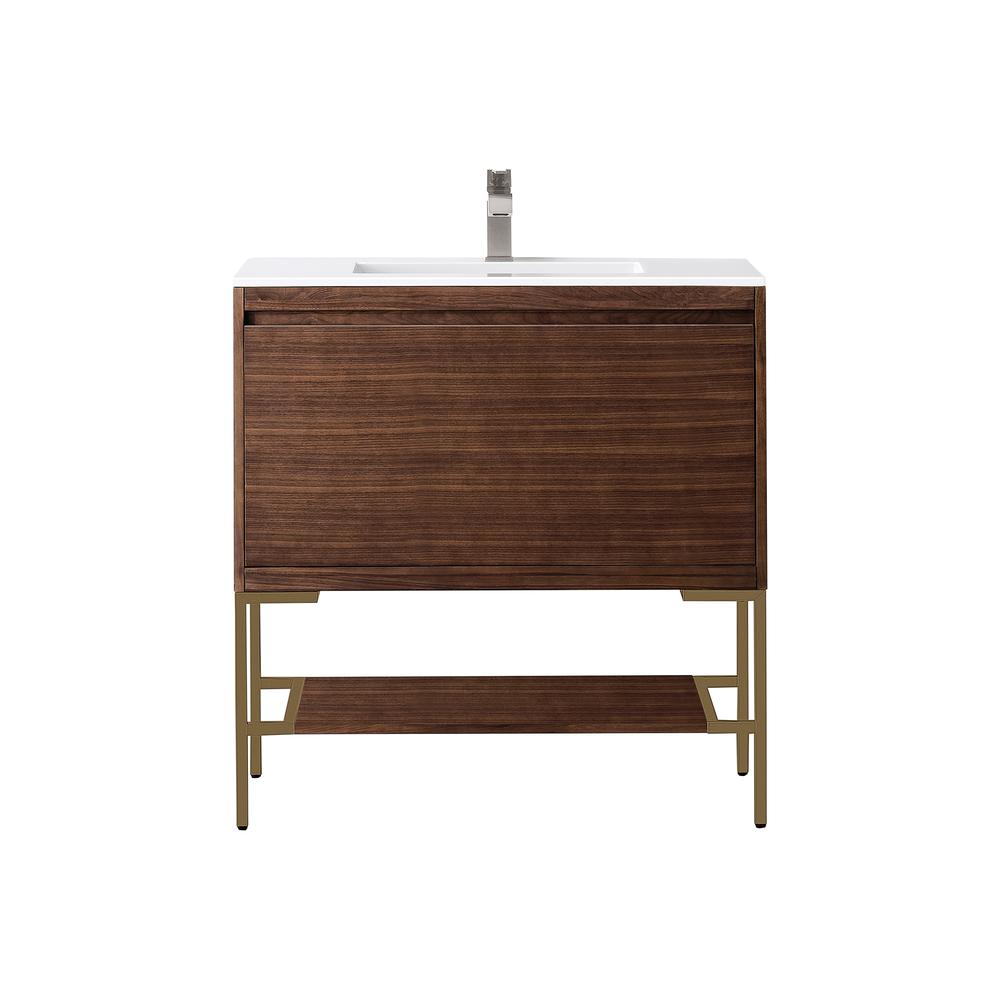 35.4" Single Vanity Cabinet, Mid Century Walnut, Radiant Gold Composite Top. Picture 1