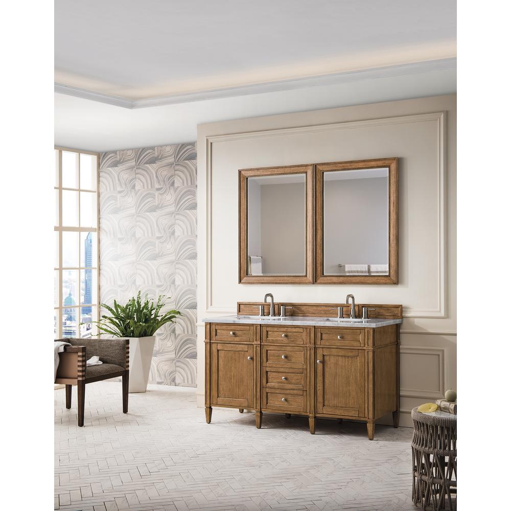 Brittany 60" Saddle Brown Double Vanity w/ 3 CM Carrara Marble Top. Picture 3