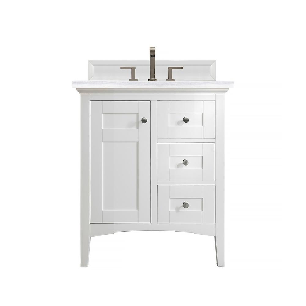 Palisades 30" Single Vanity, Bright White w/ 3 CM Arctic Fall Solid Surface Top. Picture 1