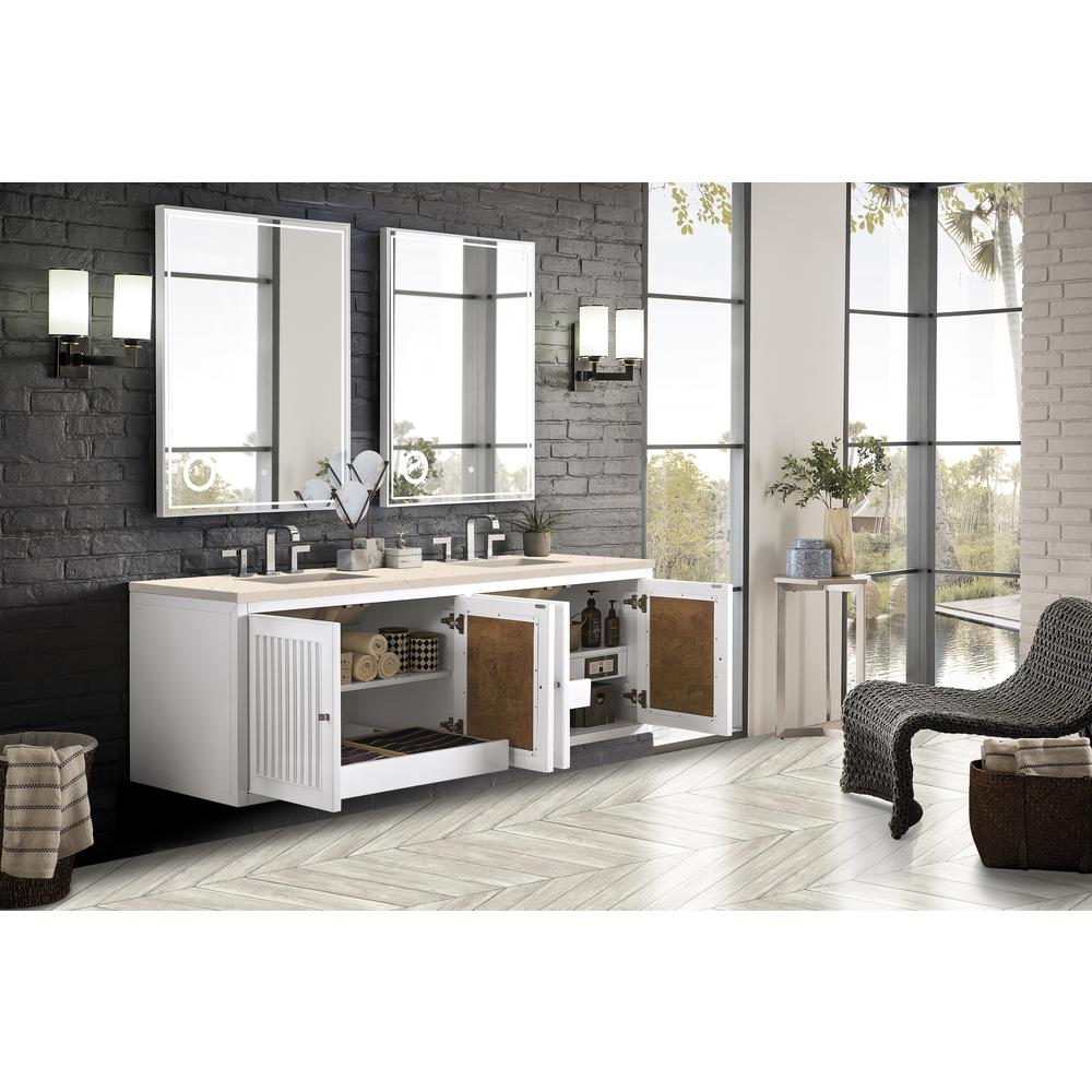 Athens 72" Double Vanity Cabinet, Glossy White, w/ 3 CM Eternal Marfil Top. Picture 7