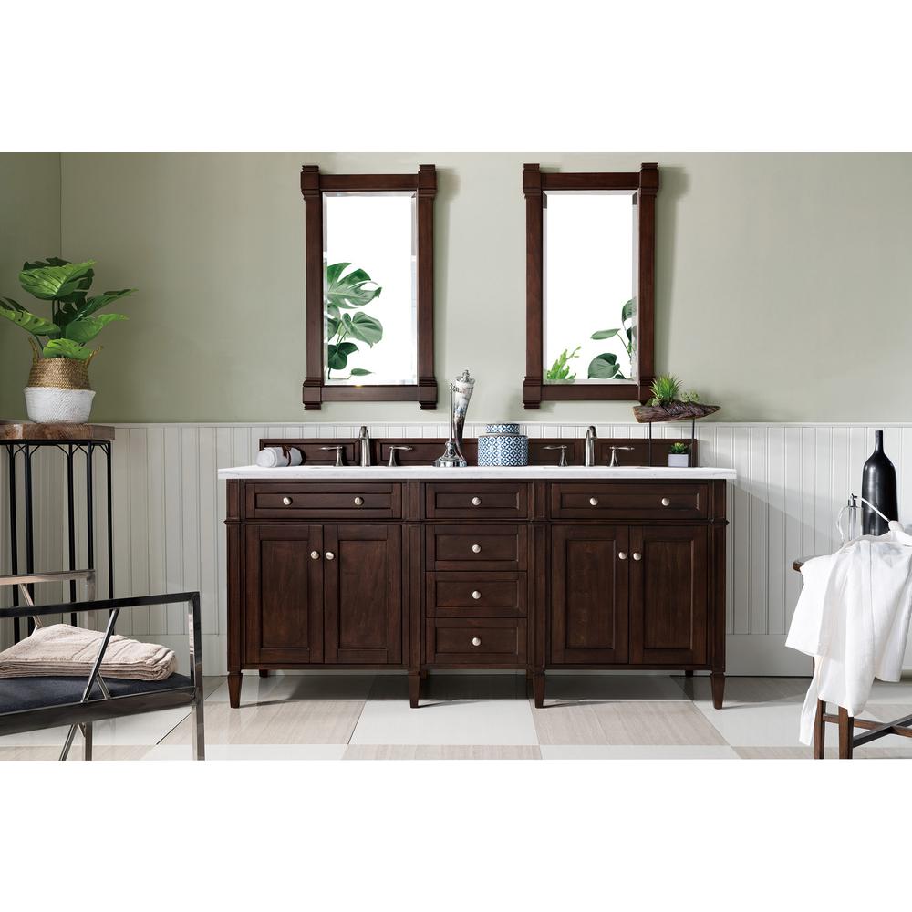 72" Burnished Mahogany Double Vanity w/ 3 CM Arctic Fall Solid Surface Top. Picture 2