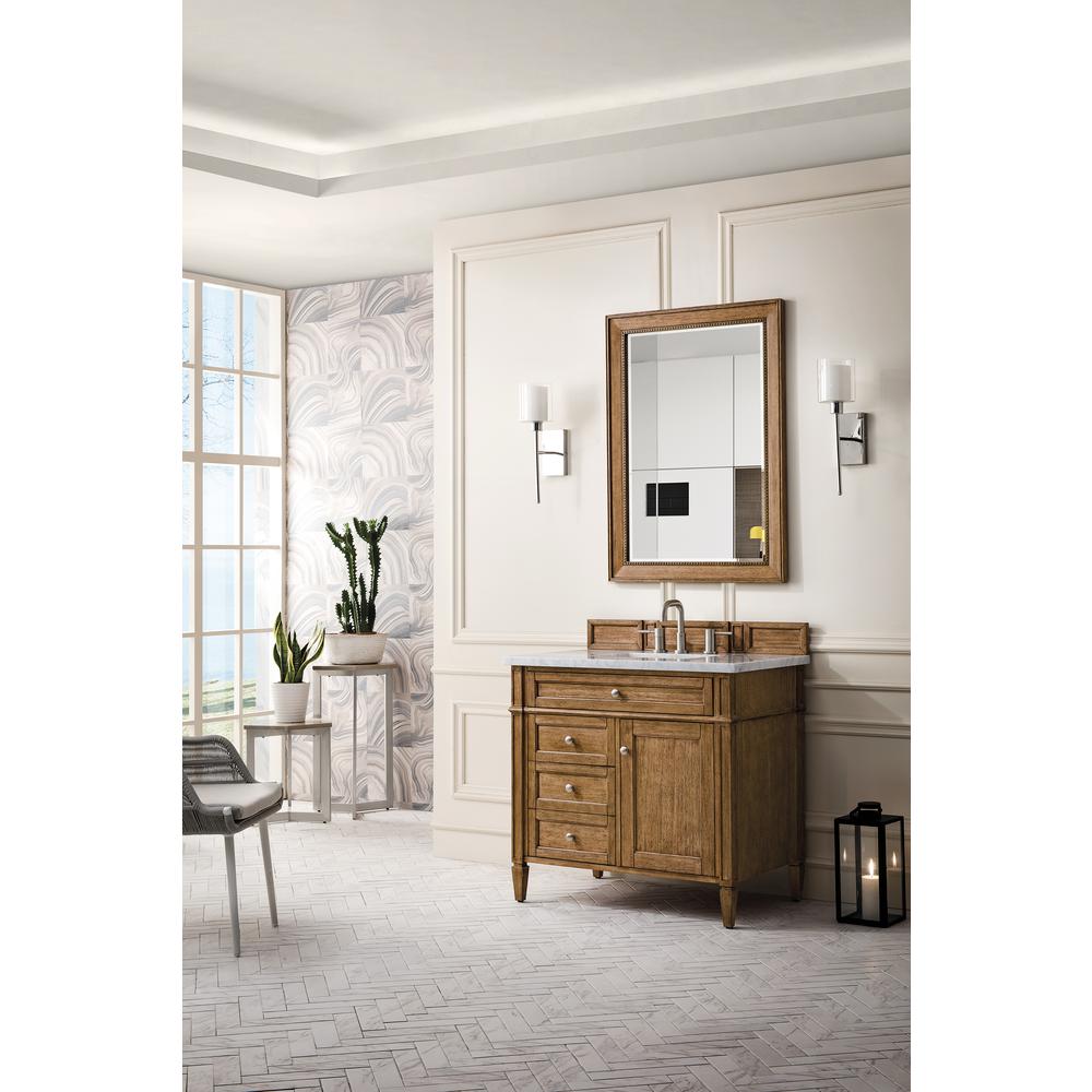 Brittany 36" Saddle Brown Single Vanity w/ 3 CM Carrara Marble Top. Picture 3