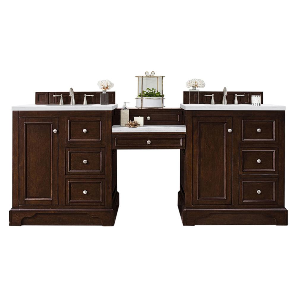 82" Double Vanity Set, Burnished Mahogany w/ Makeup Table, Solid Surface Top. Picture 2