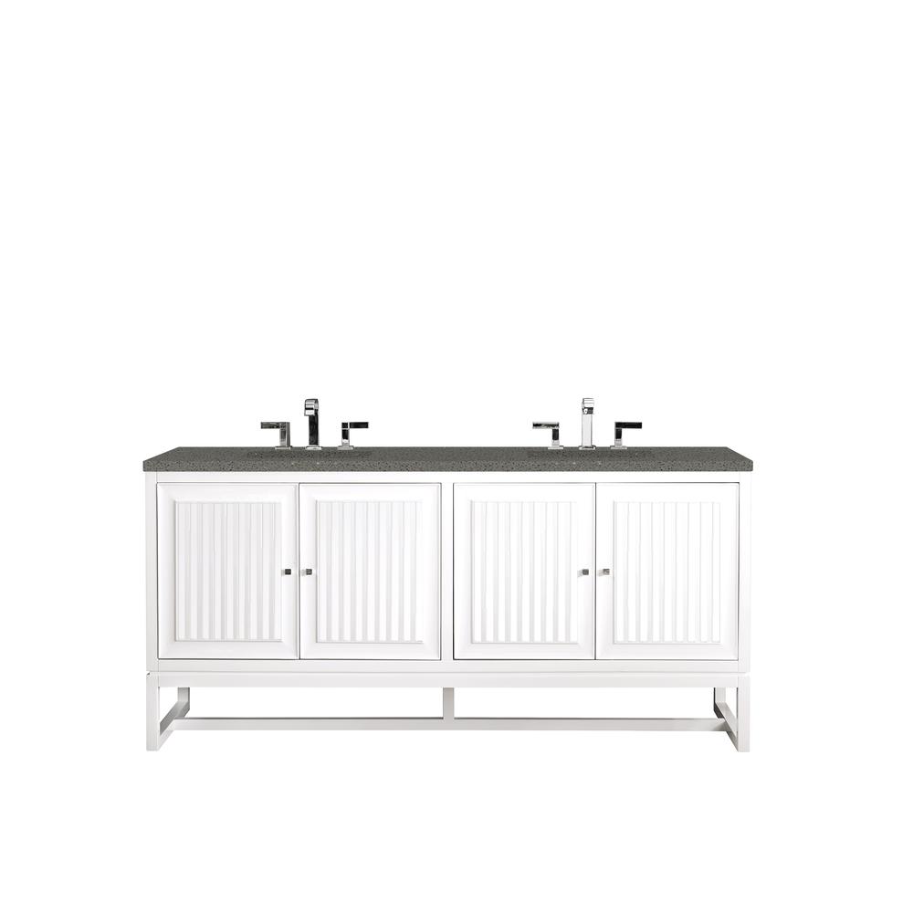 Athens 72" Double Vanity Cabinet, Glossy White, w/ 3 CM Grey Expo Quartz Top. Picture 1