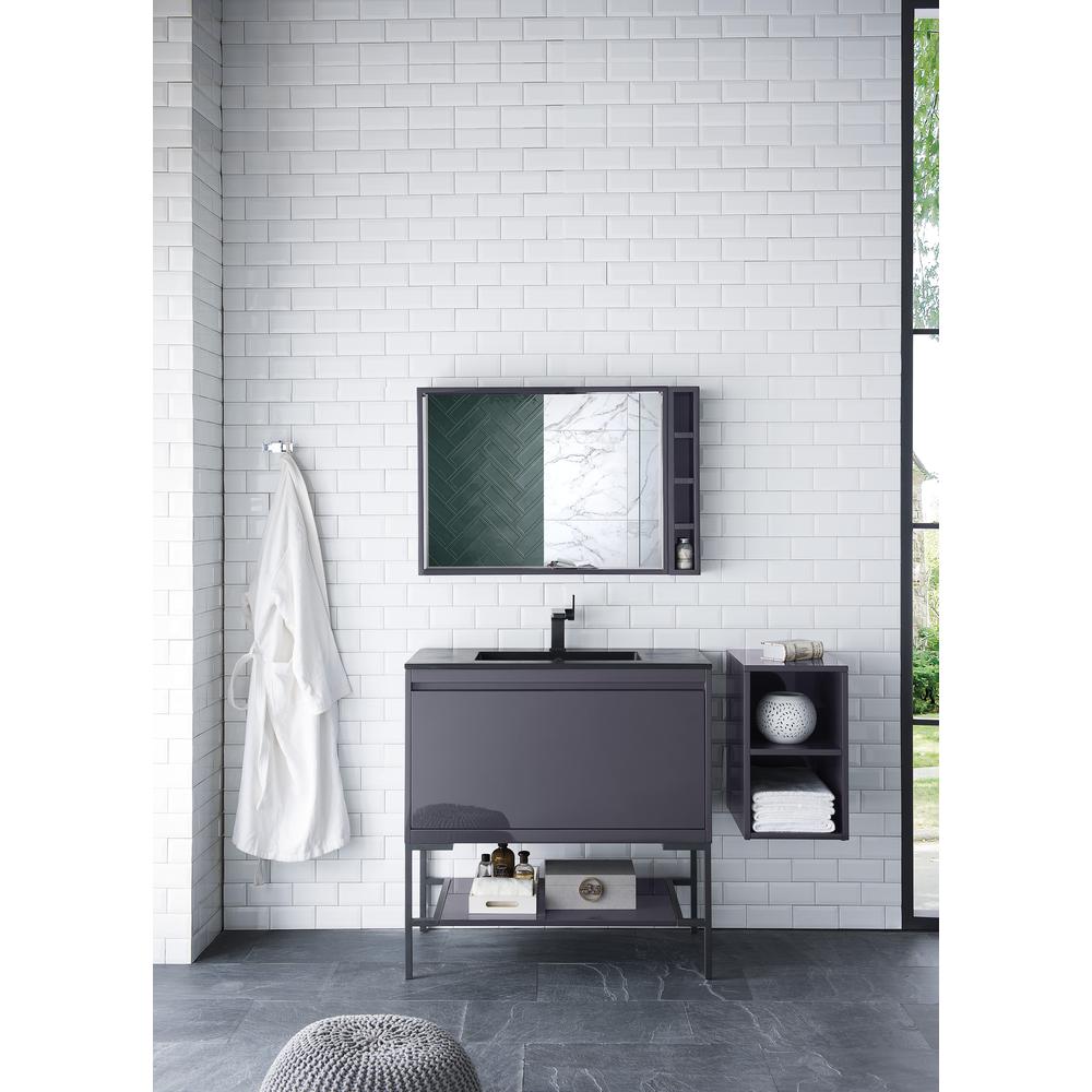 35.4" Single Vanity Cabinet, Modern Grey Glossy, Matte Black Composite Top. Picture 2
