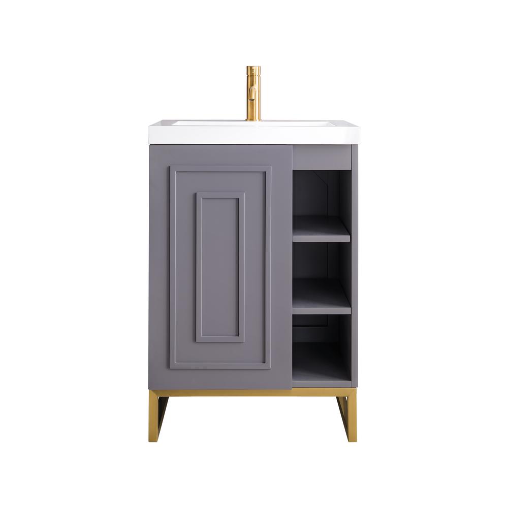 24" Single Vanity Cabinet, Grey Smoke, Radiant Gold w/White Composite Countertop. Picture 1