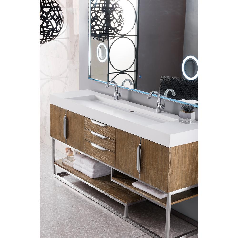 Columbia 72" Double Vanity, Latte Oak w/ Glossy White Composite Top. Picture 6