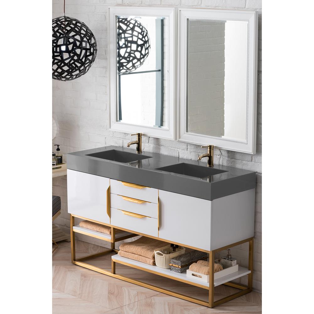 59" Double Vanity, Glossy White, Radiant Gold w/ Dusk Grey Glossy Composite Top. Picture 3