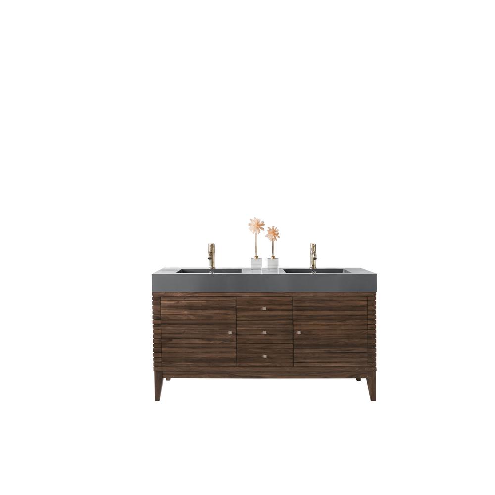 Linear 59" Double Vanity, Mid Century Walnut w/ Dusk Grey Glossy Composite Top. Picture 1