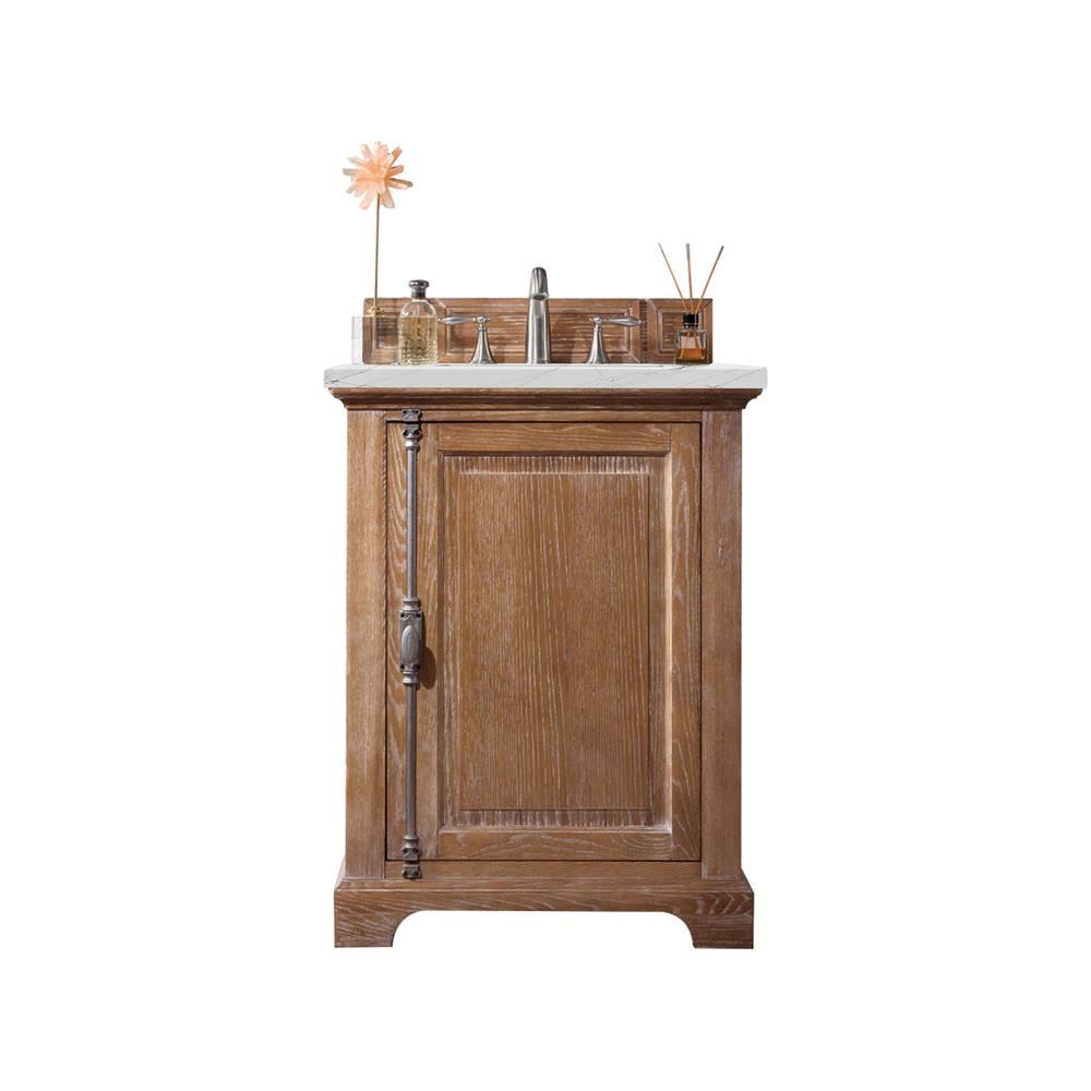 26" Single Vanity Cabinet, Driftwood, w/ 3 CM Ethereal Noctis Quartz Top. Picture 1